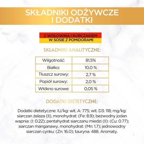 Purina Gourmet Gold z wołowiną i kurczakiem w sosie z pomidorami 85g Purina Gourmet Gold z wołowiną i kurczakiem w sosie z pomidorami 85g